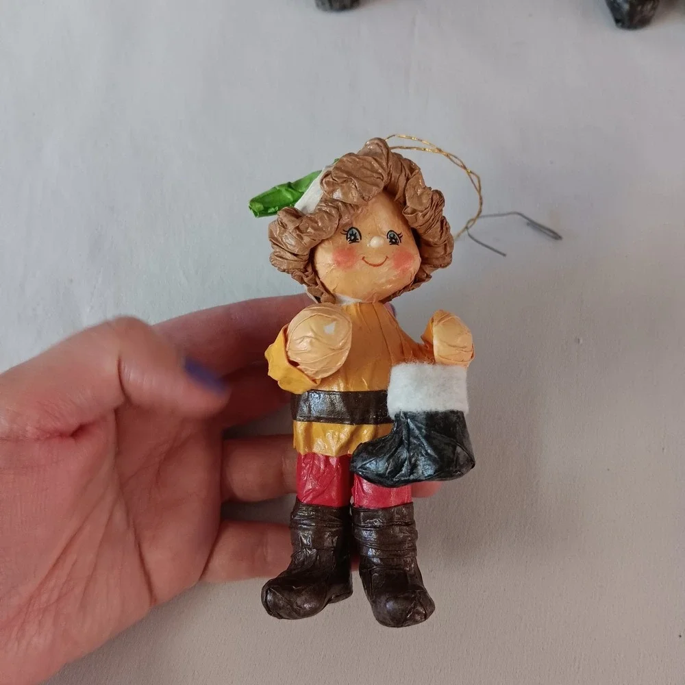 Vintage Paper Mache Christmas Ornaments Set‎ 4 Santa Elf Folk Art Figures Retro